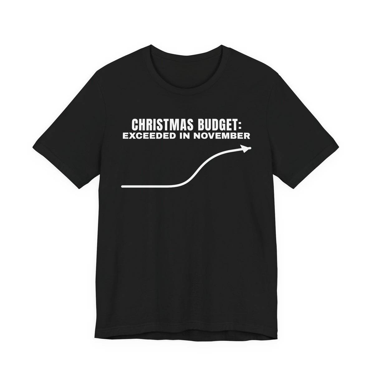 Front of a black t shirt with Christmas Budget: Exceeded In November printed in white