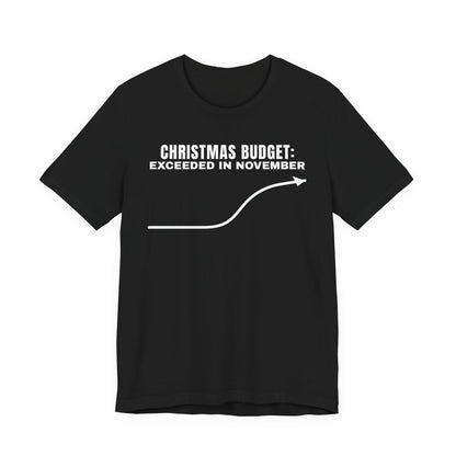 Front of a black t shirt with Christmas Budget: Exceeded In November printed in white