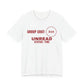 Front of a white t shirt with Group Chat: 214 Unread. Status: Fine. printed in red