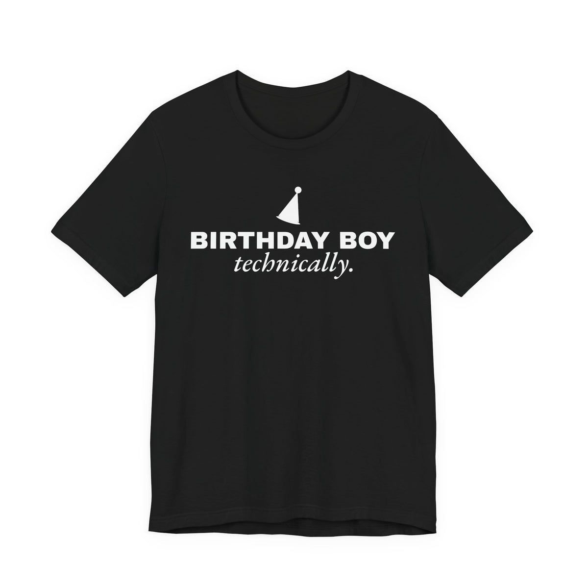 Front of a black t shirt with Birthday Boy printed in white