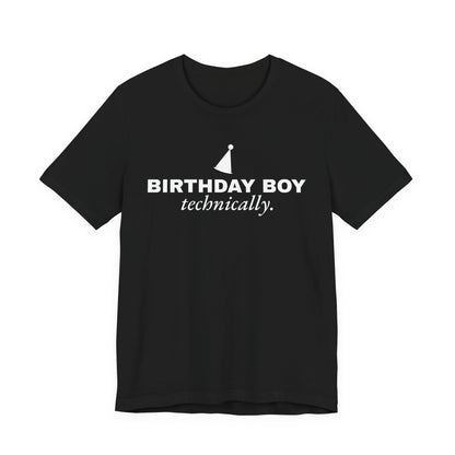 Front of a black t shirt with Birthday Boy printed in white