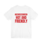 Woman from behind wearing a white oversized t shirt with "I'm Not Flirting, I'm Just Hot And Friendly" printed on the back, knockout bar design
