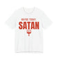 White oversized t shirt with Maybe Today, Satan printed in red on the front