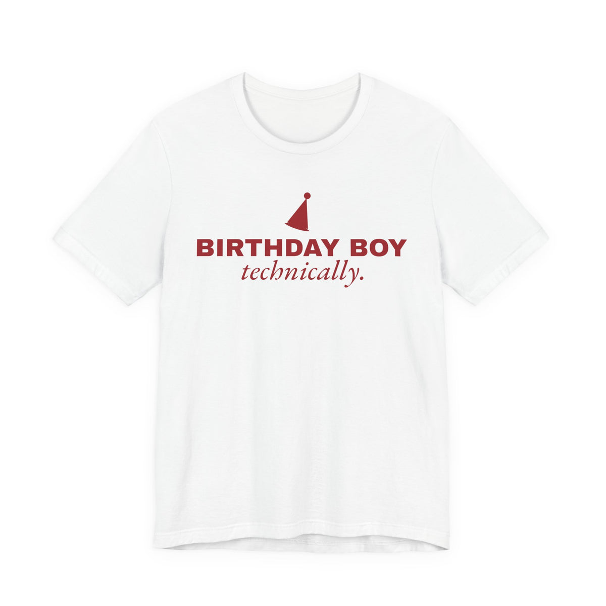 Front of a white t shirt with Birthday Boy printed in red