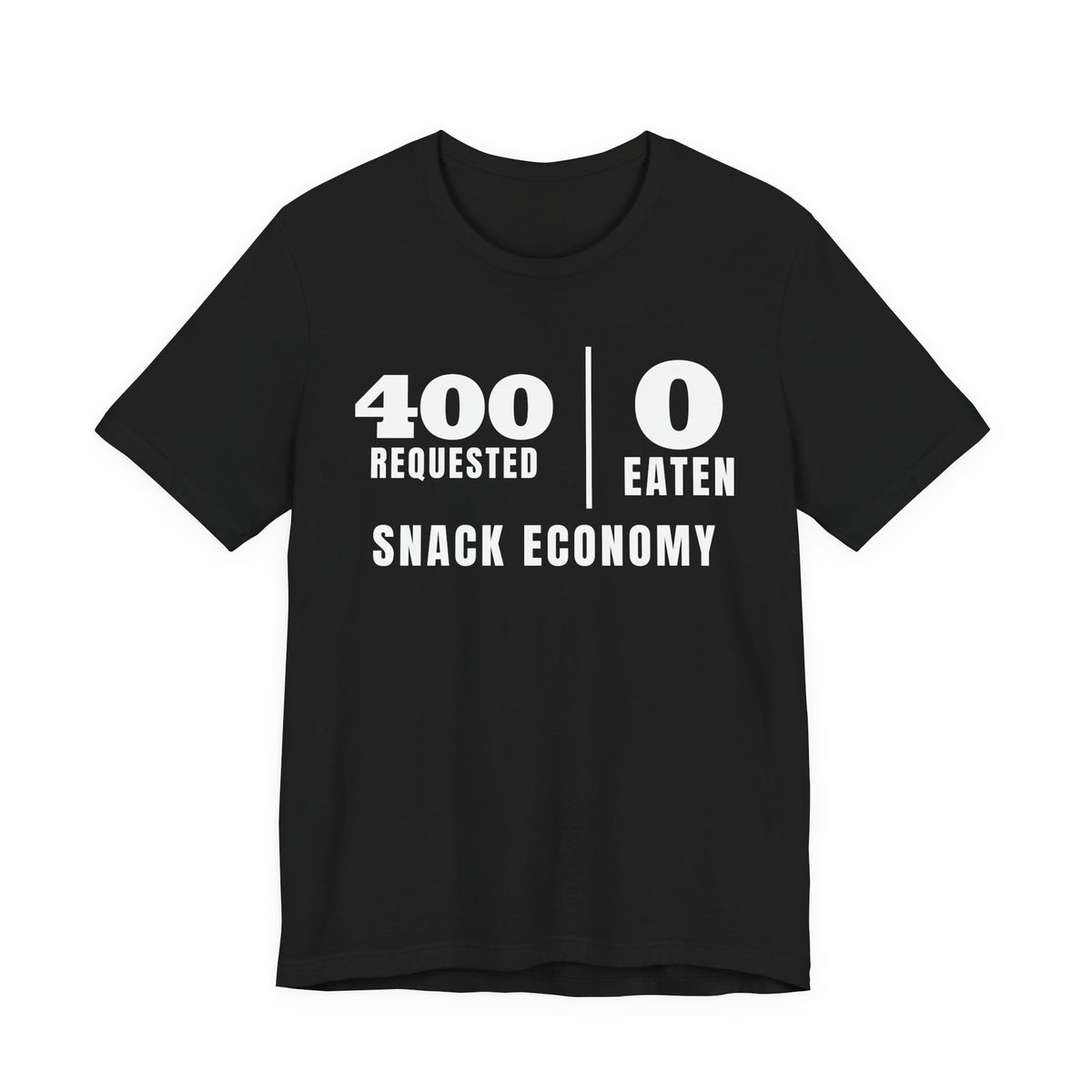 Front of a black t shirt with Snack Economy: 400 Requested, 0 Eaten printed in white