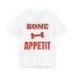 White oversized t shirt with Bone Appetit printed in red on the front