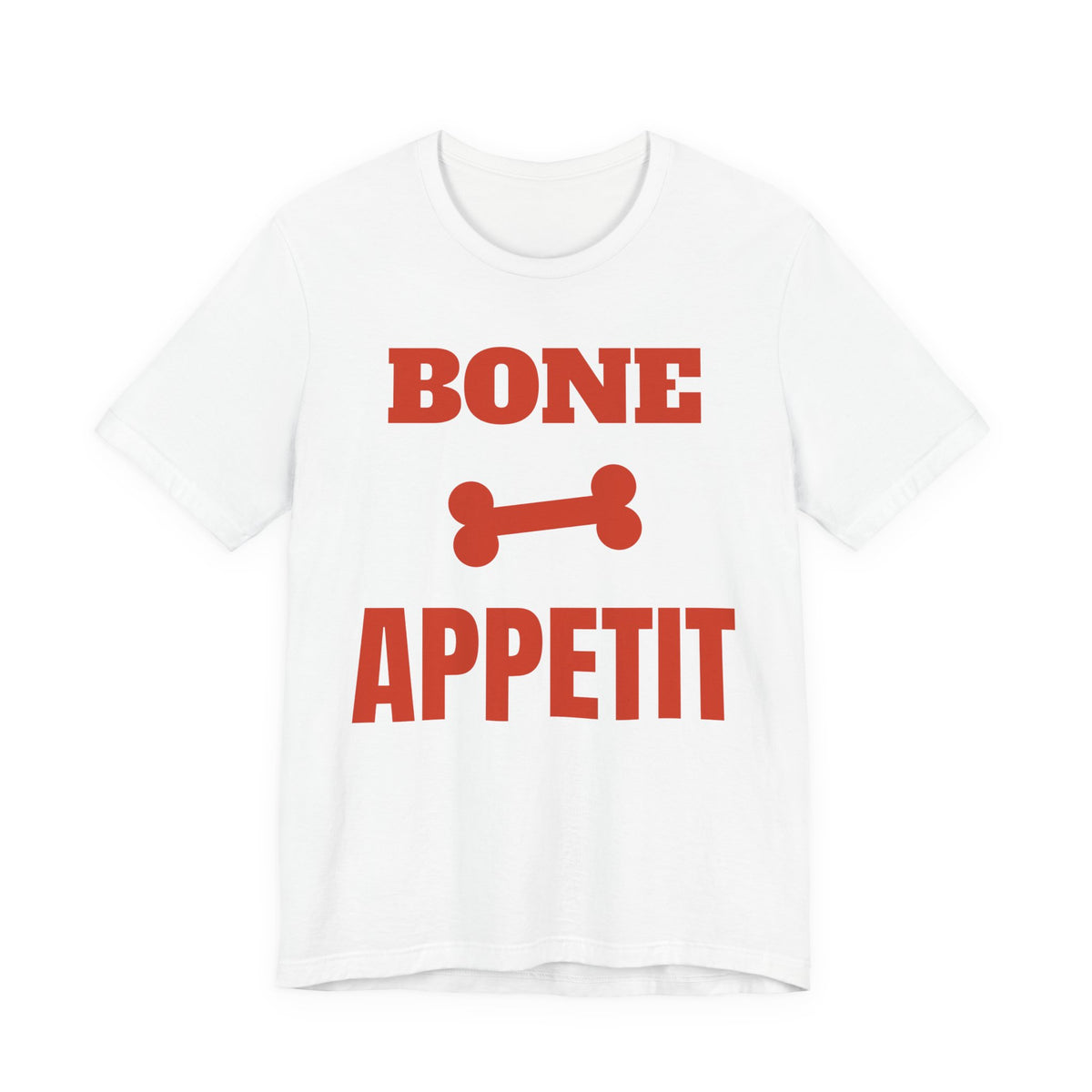 White oversized t shirt with Bone Appetit printed in red on the front