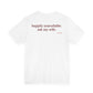 Woman from behind wearing a white oversized t shirt with "Happily Unavailable. Ask My Wife." printed on the back
