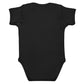 Back view of the black baby bodysuit with Trust Fund Loading printed on the front