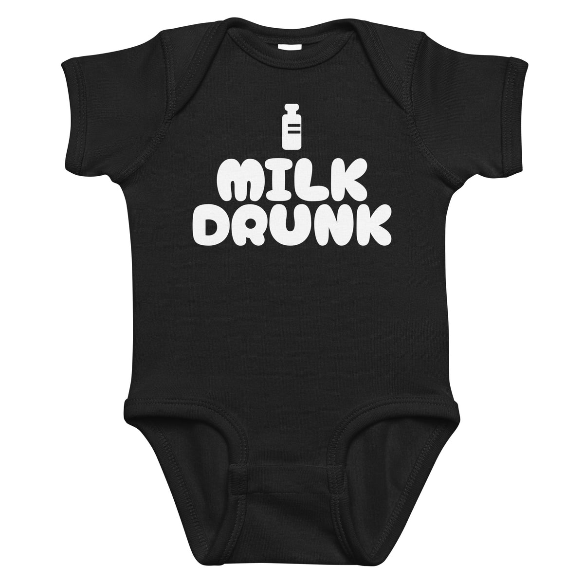 Black baby bodysuit with Milk Drunk printed in white on the front