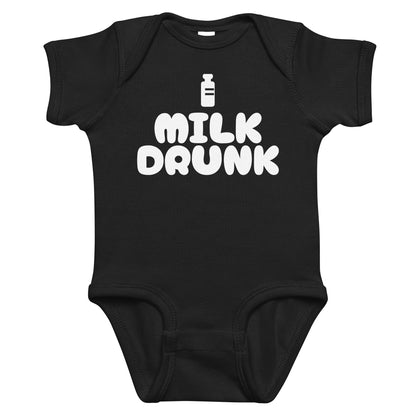 Black baby bodysuit with Milk Drunk printed in white on the front