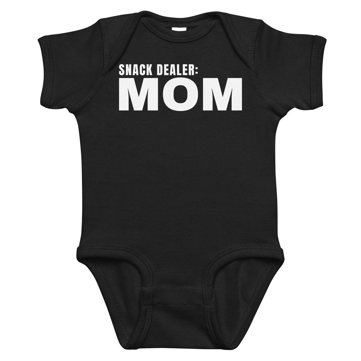 Black baby bodysuit with Snack Dealer: Mom printed in white on the front