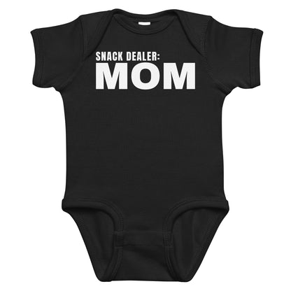 Black baby bodysuit with Snack Dealer: Mom printed in white on the front