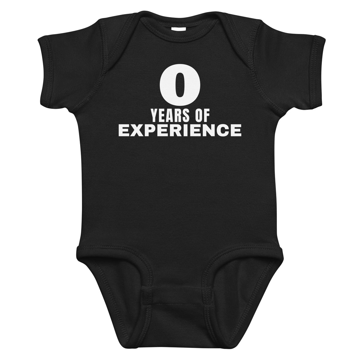 Black baby bodysuit with 0 Years Of Experience printed in white on the front