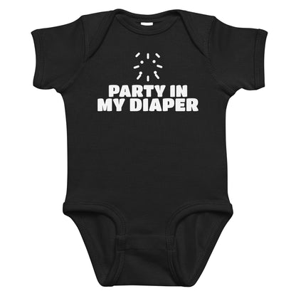 Black baby bodysuit with Party In My Diaper printed in white on the front