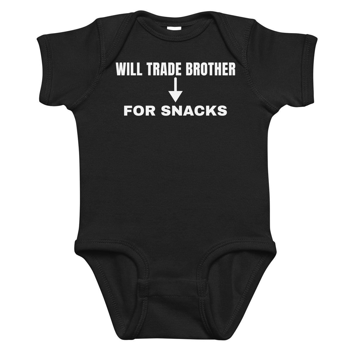 Black baby bodysuit with Will Trade Brother For Snacks printed in white on the front