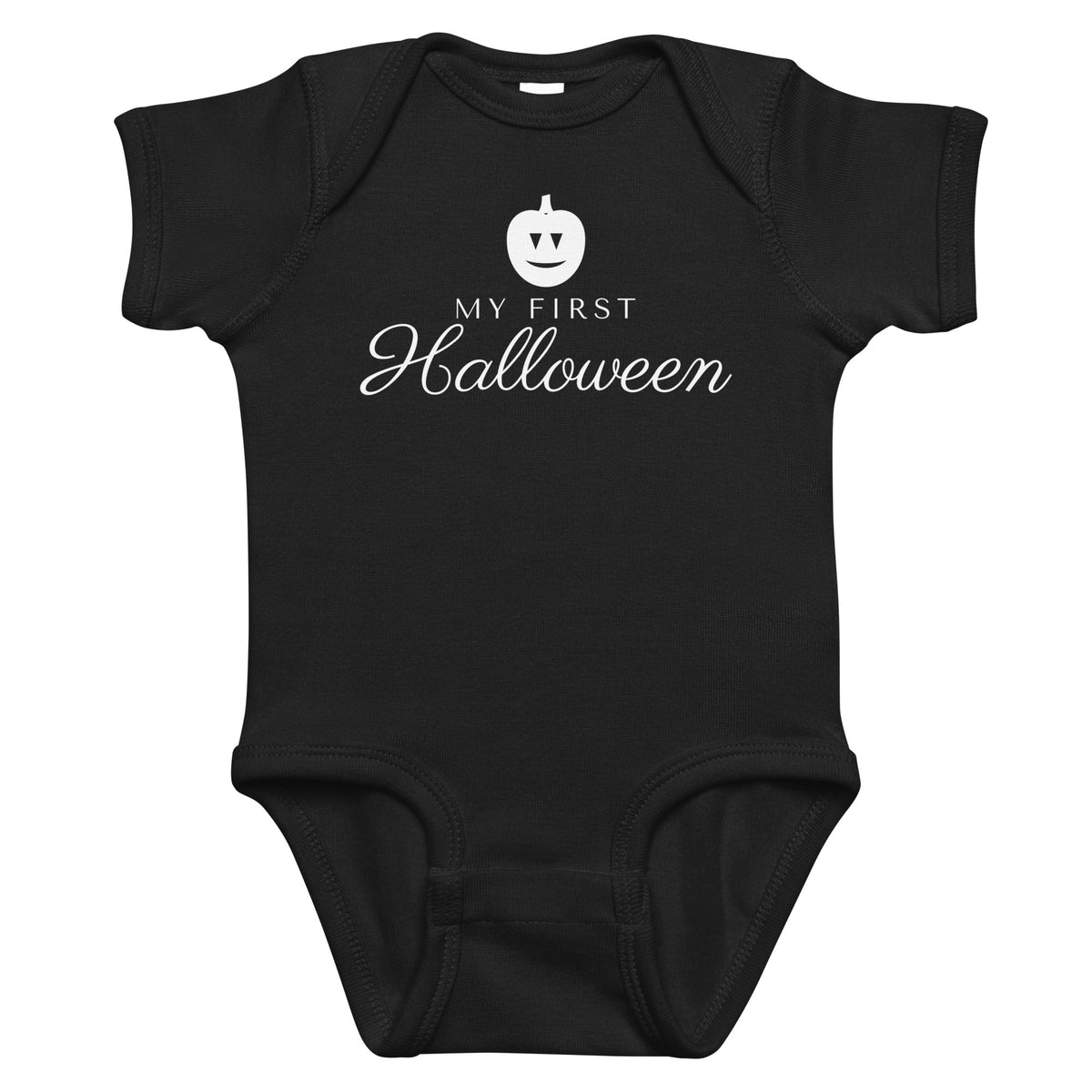 Black baby bodysuit with My First Halloween printed in white on the front