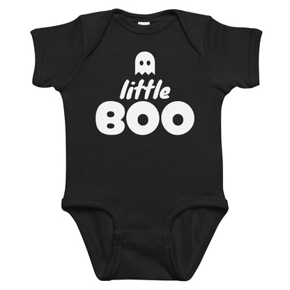 Black baby bodysuit with Little Boo printed in white on the front