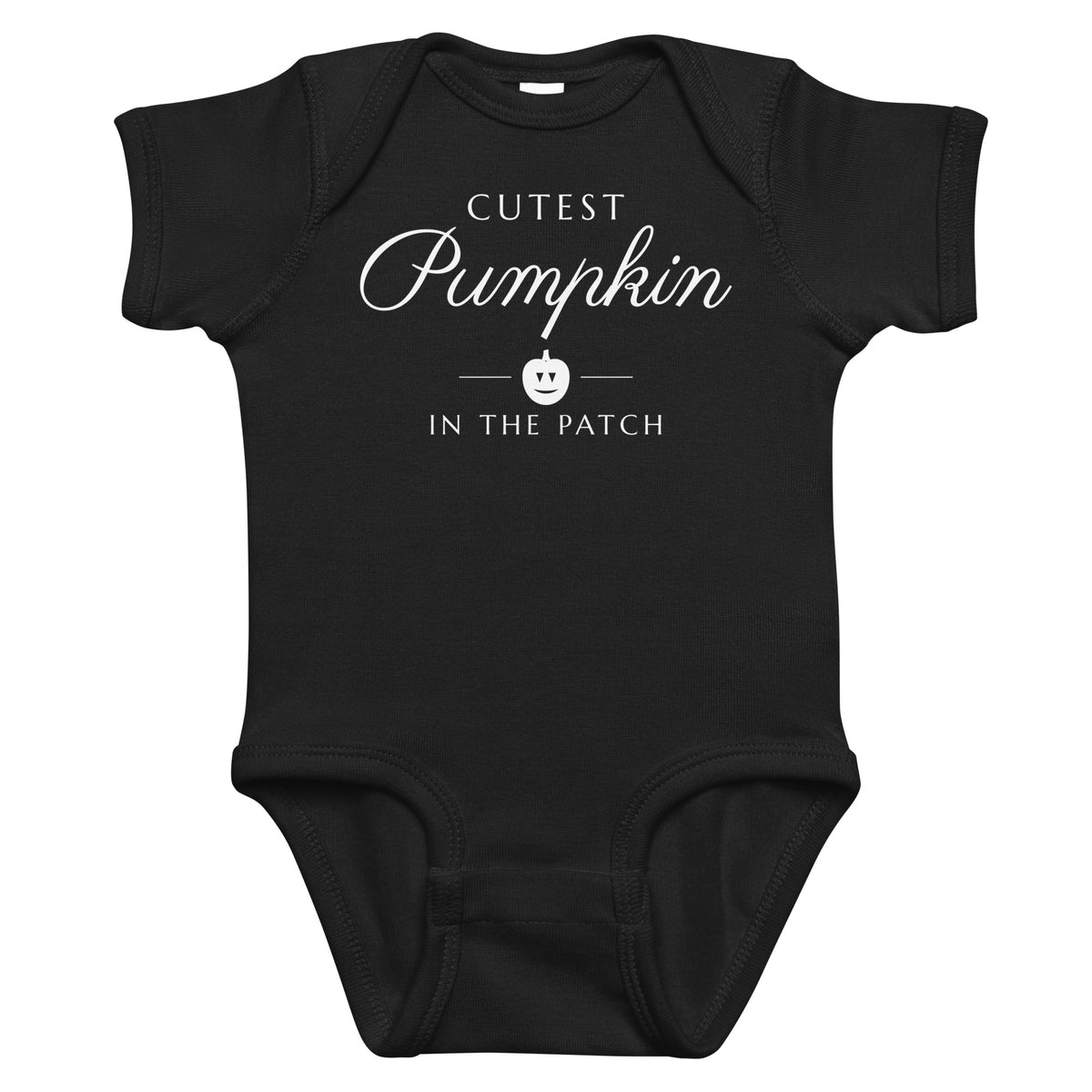 Black baby bodysuit with Cutest Pumpkin In The Patch printed in white on the front
