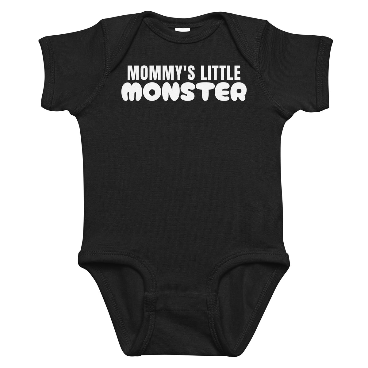 Black baby bodysuit with Mommy's Little Monster printed in white on the front