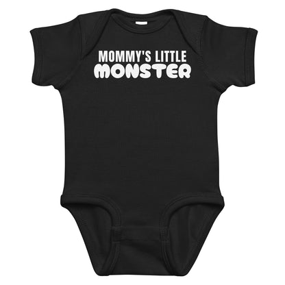 Black baby bodysuit with Mommy's Little Monster printed in white on the front