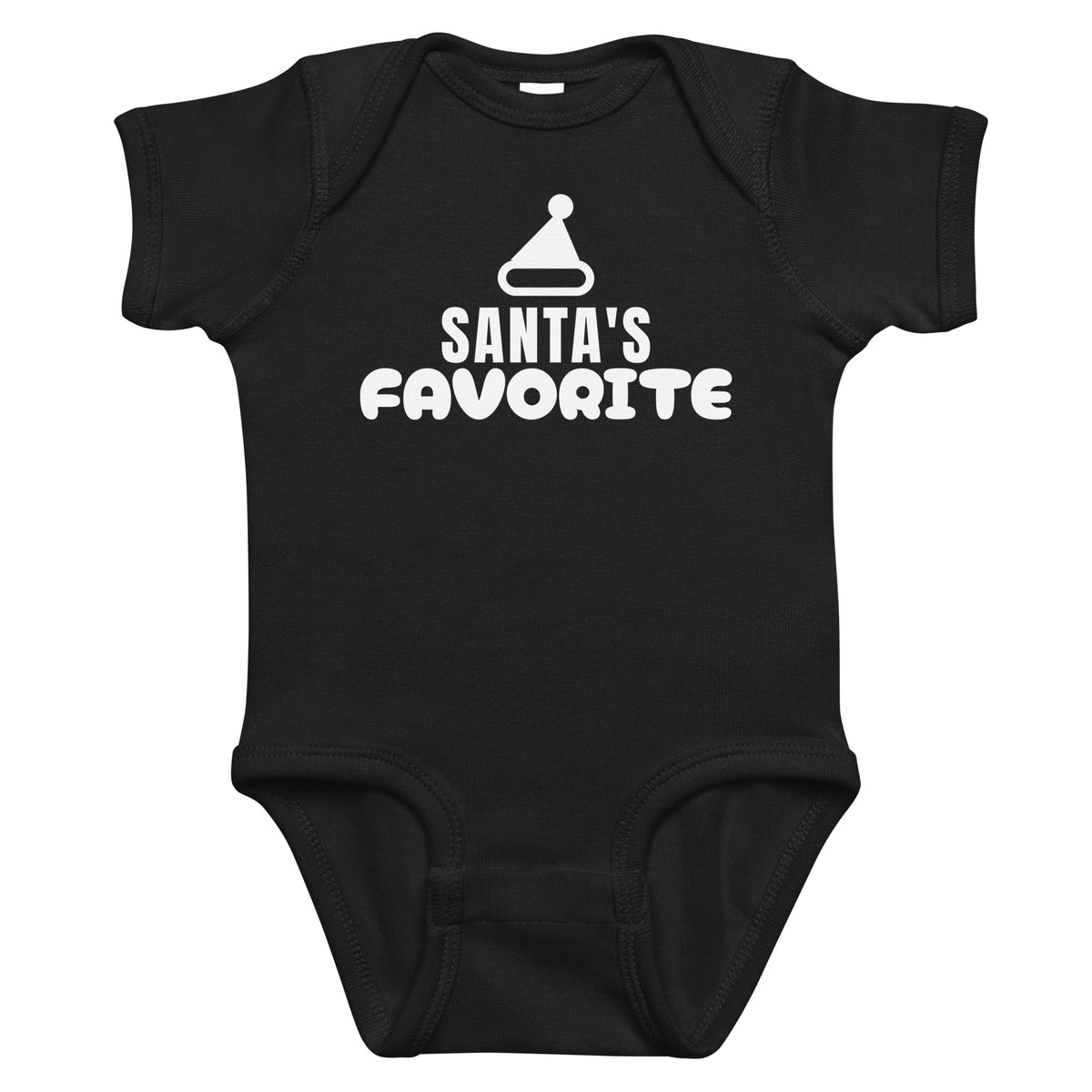 Black baby bodysuit with Santa's Favorite printed in white on the front
