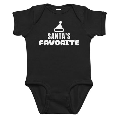 Black baby bodysuit with Santa's Favorite printed in white on the front