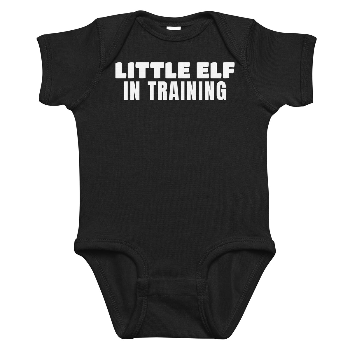 Black baby bodysuit with Little Elf In Training printed in white on the front