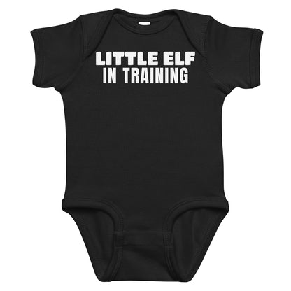 Black baby bodysuit with Little Elf In Training printed in white on the front