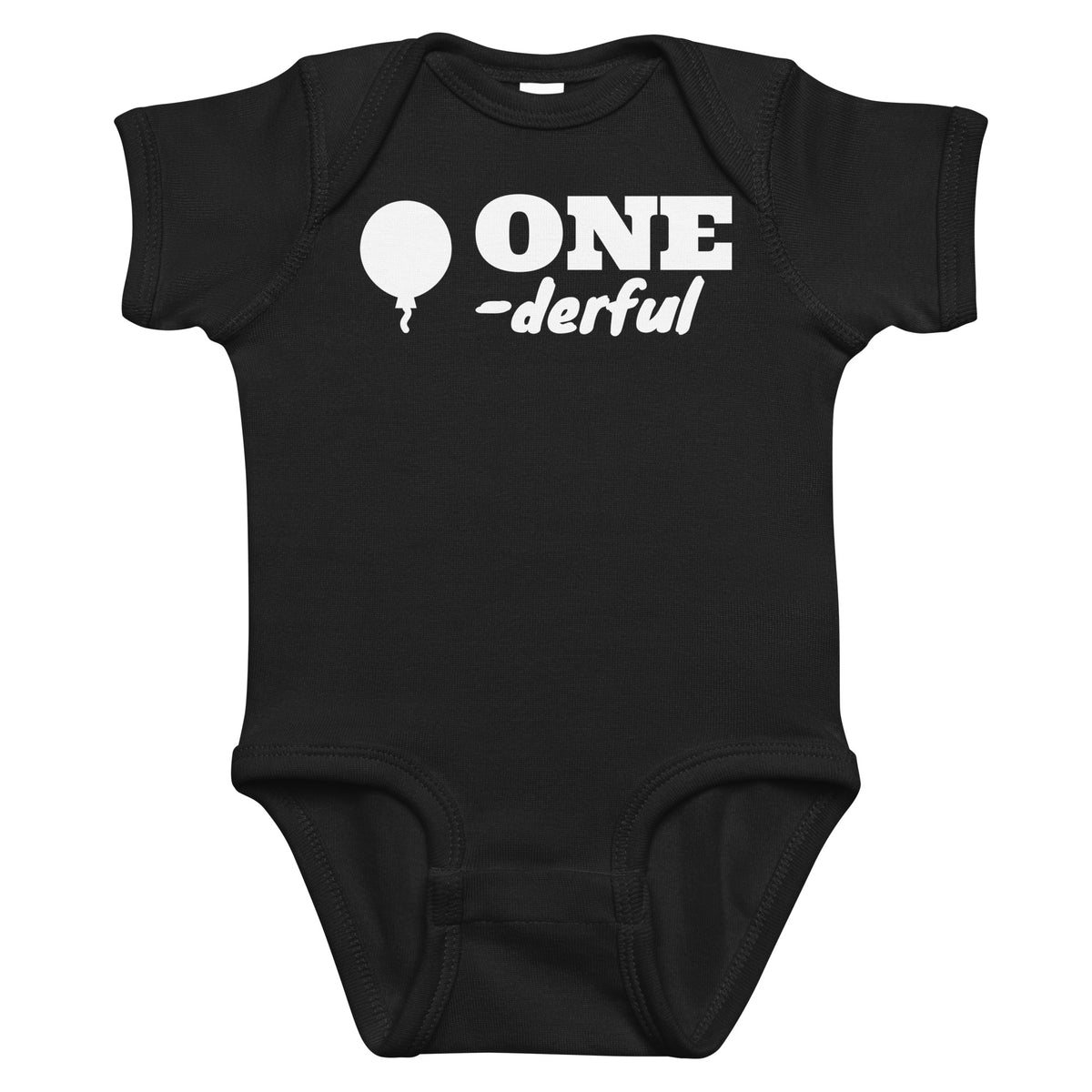 Black baby bodysuit with One-derful printed in white on the front