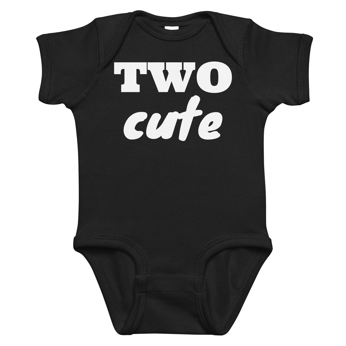 Black baby bodysuit with Two Cute printed in white on the front