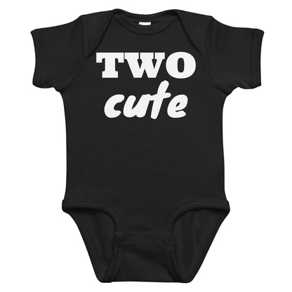 Black baby bodysuit with Two Cute printed in white on the front