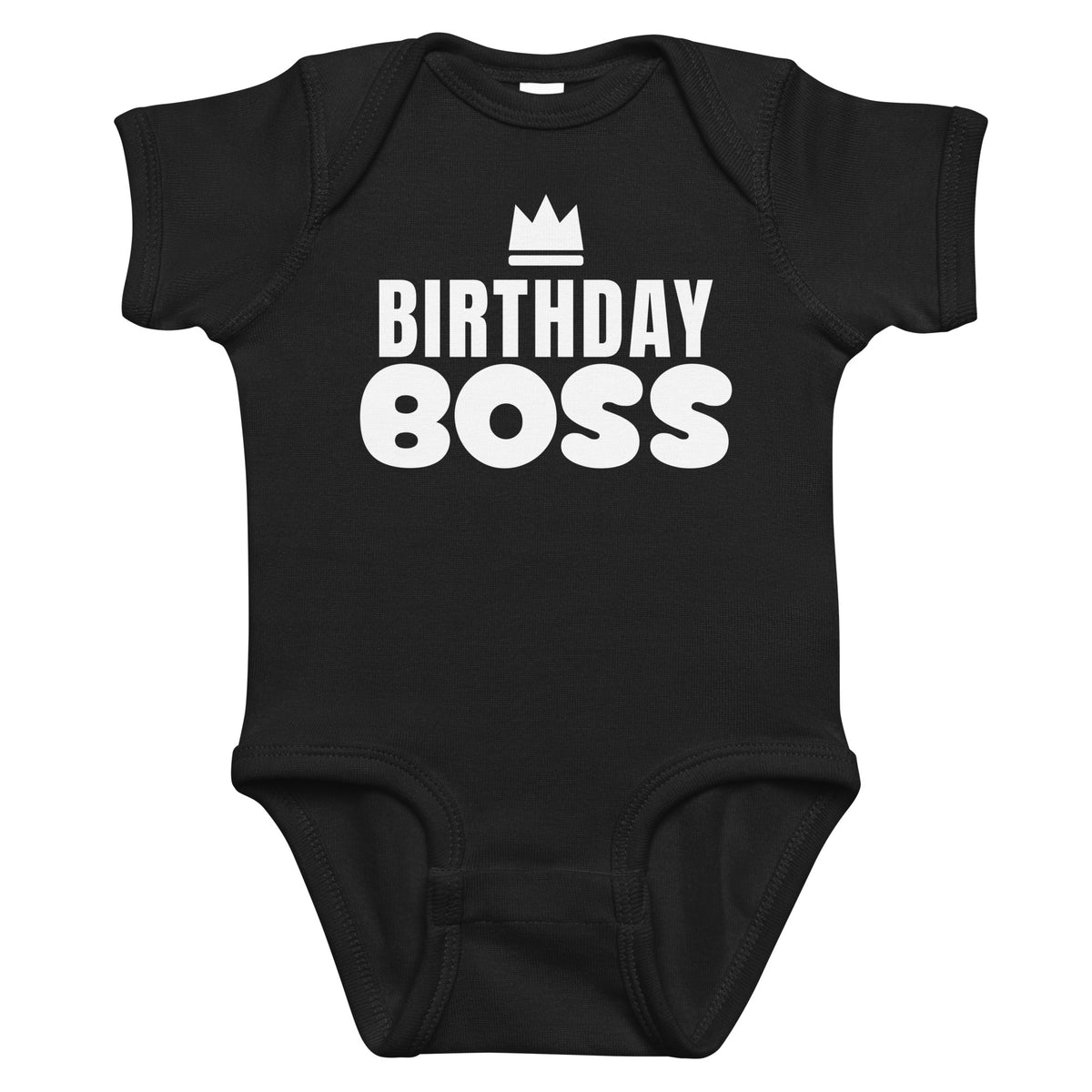 Black baby bodysuit with Birthday Boss printed in white on the front
