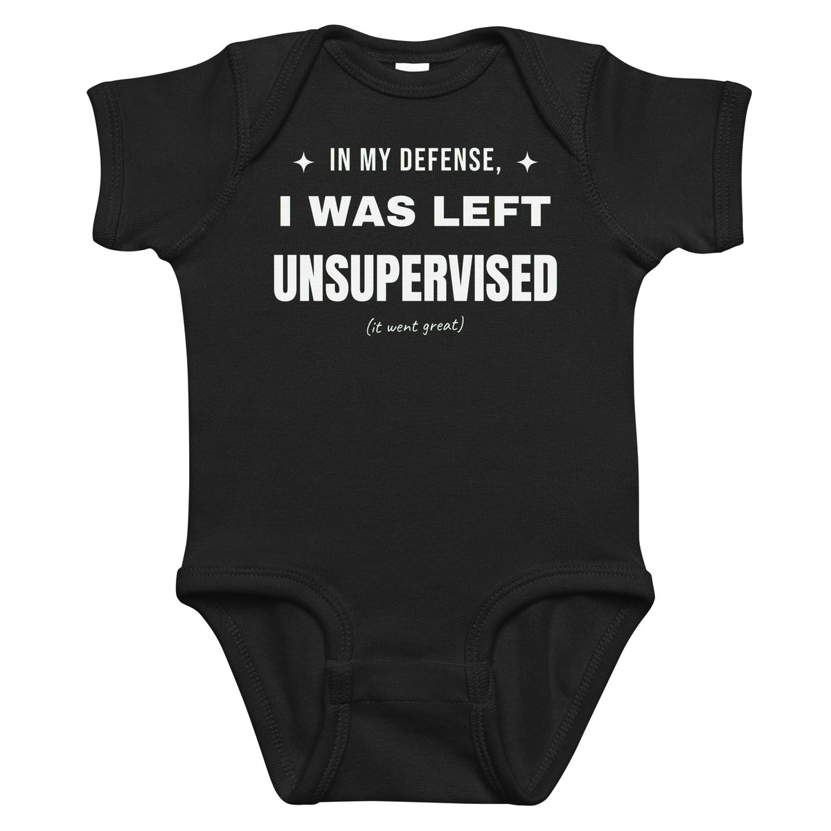 Black baby bodysuit with In My Defense, I Was Left Unsupervised printed in white on the front