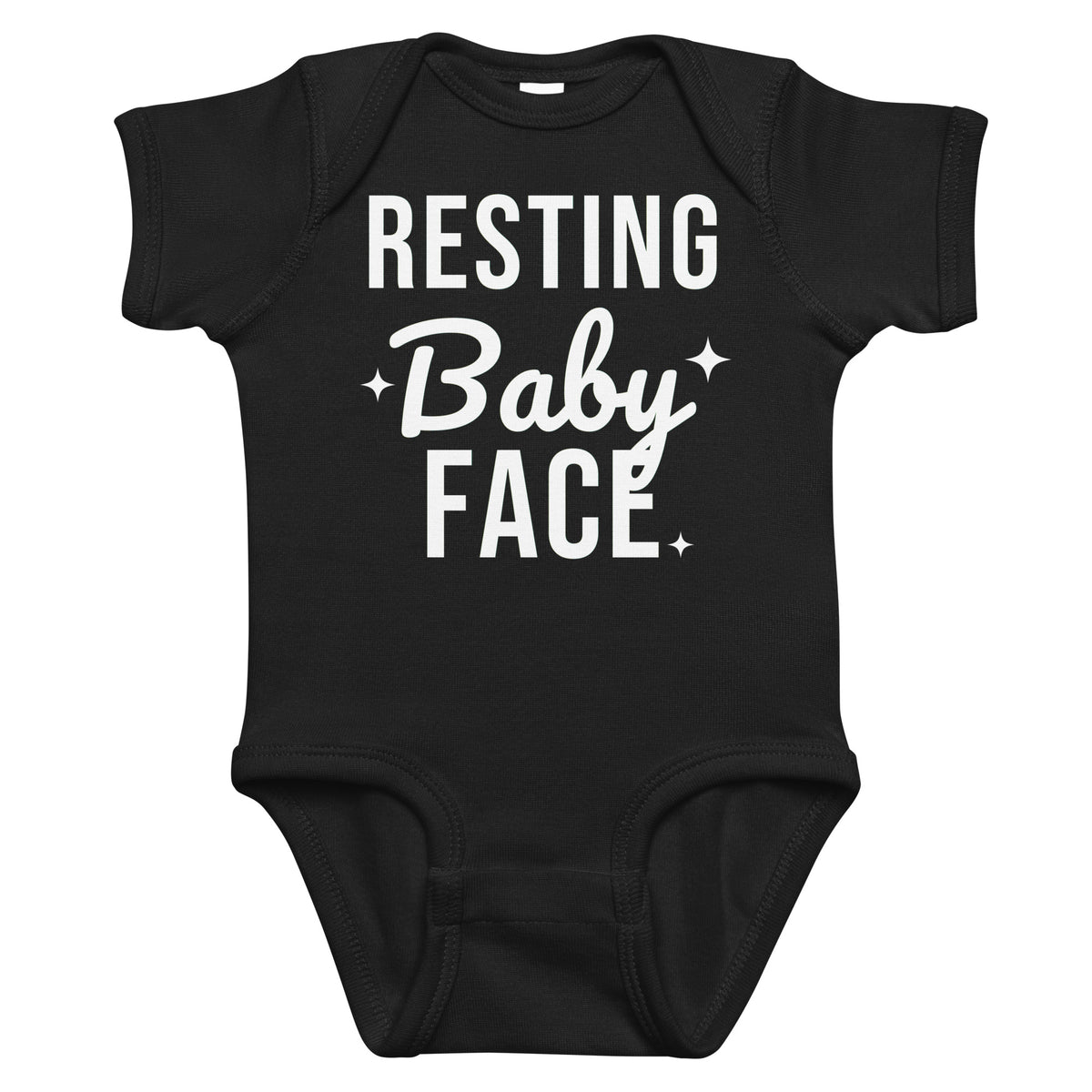 Black baby bodysuit with Resting Baby Face printed in white on the front
