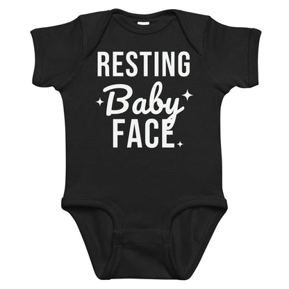 Black baby bodysuit with Resting Baby Face printed in white on the front