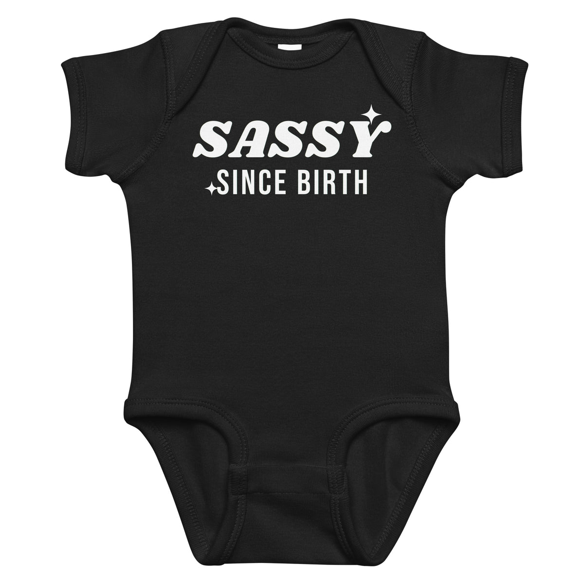 Black baby bodysuit with Sassy Since Birth printed in white on the front