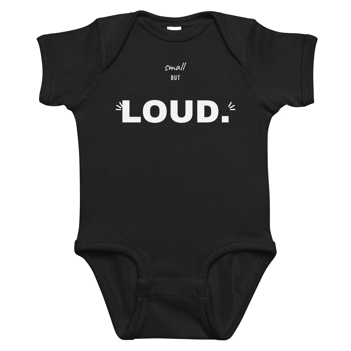 Black baby bodysuit with Small But Loud printed in white on the front