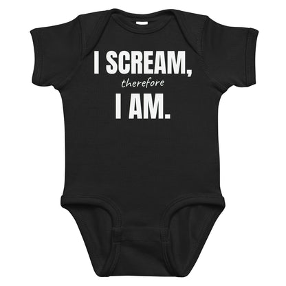 Black baby bodysuit with I Scream, Therefore I Am printed in white on the front