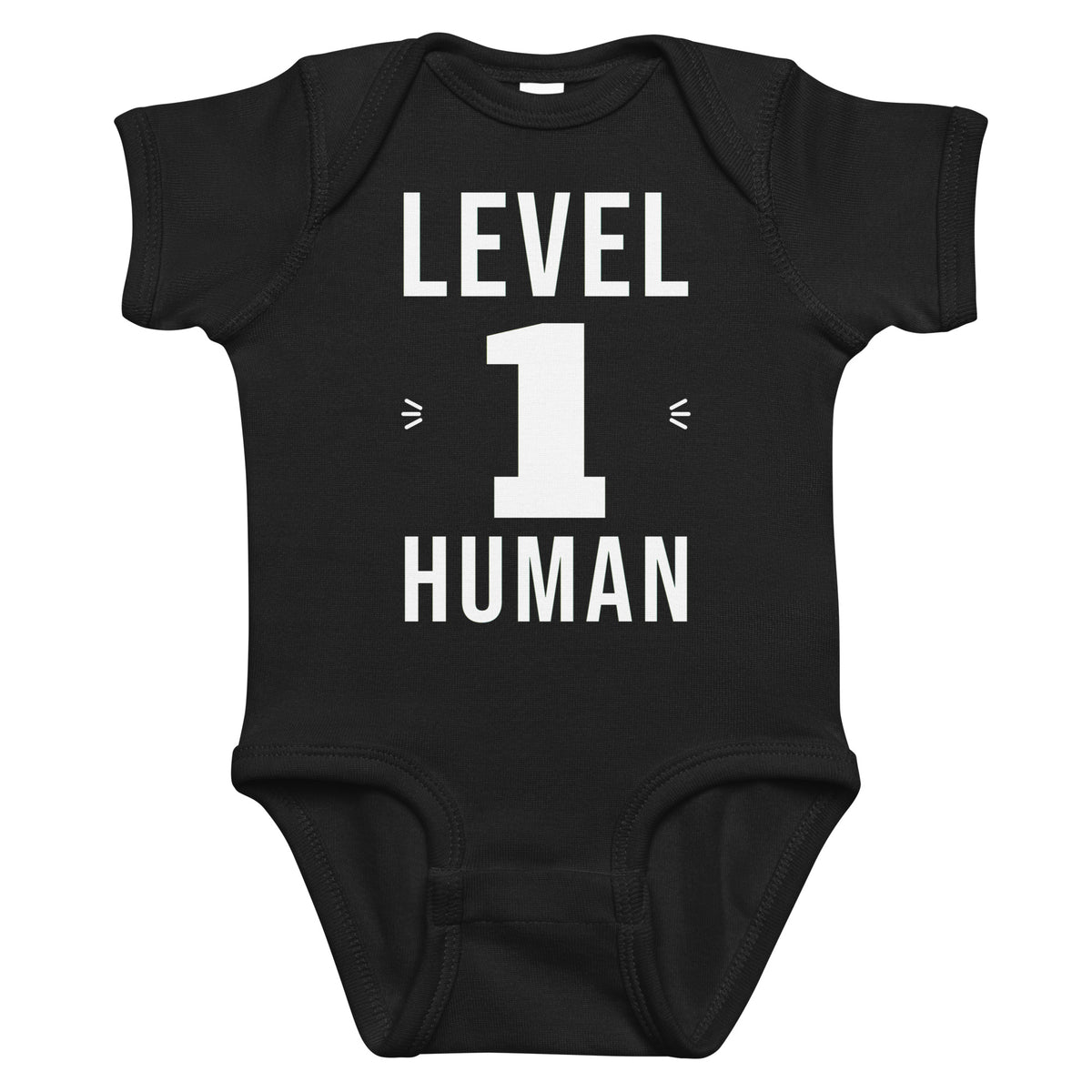 Black baby bodysuit with Level 1 Human printed in white on the front