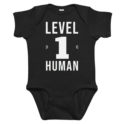 Black baby bodysuit with Level 1 Human printed in white on the front