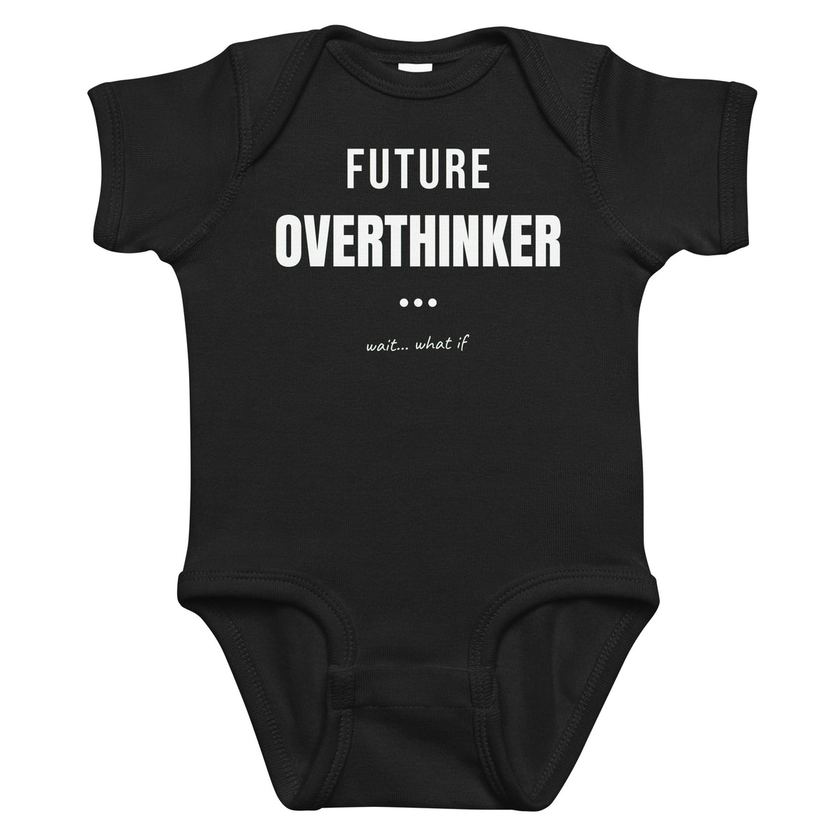 Black baby bodysuit with Future Overthinker printed in white on the front