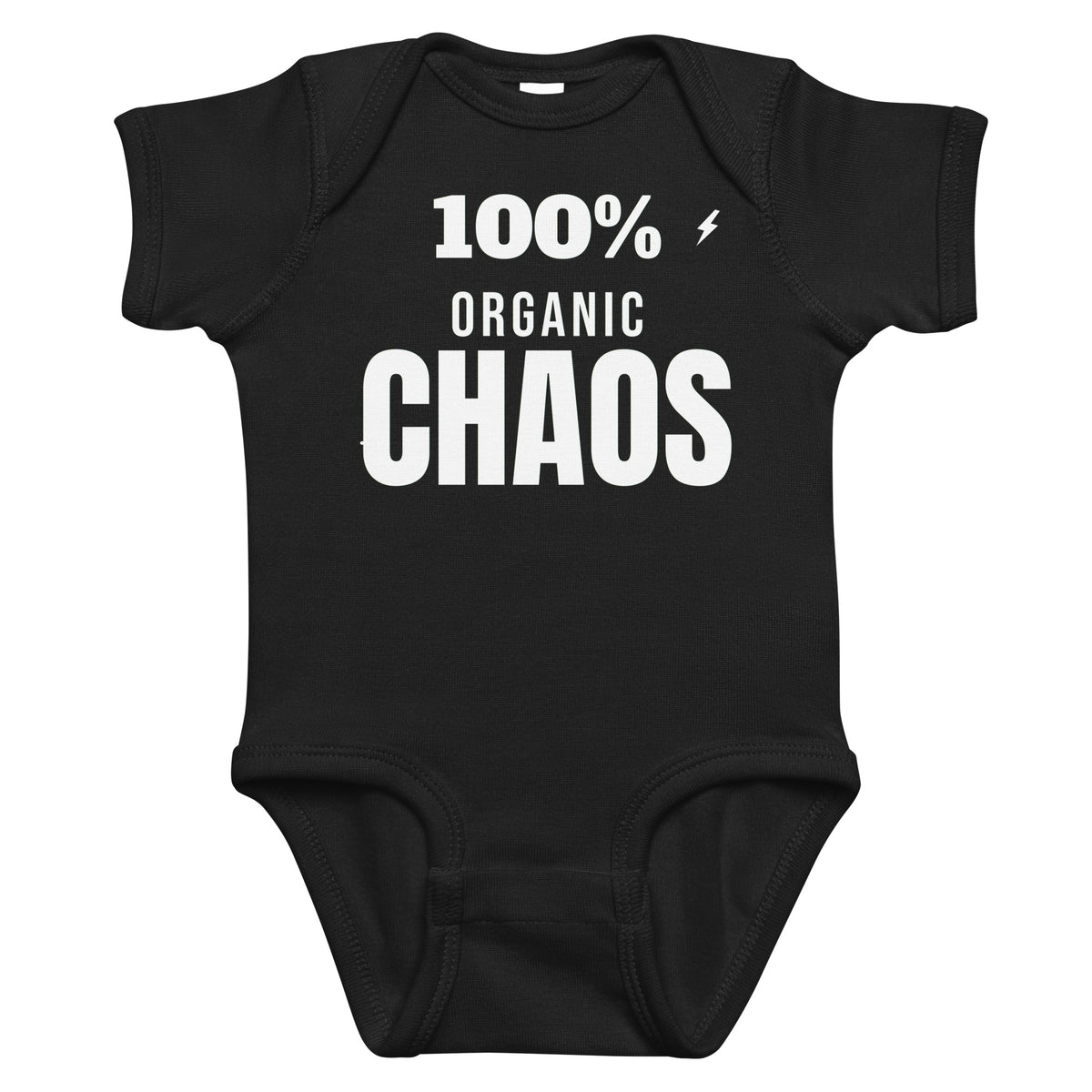 Black baby bodysuit with 100% Organic Chaos printed in white on the front