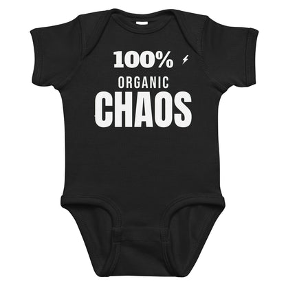 Black baby bodysuit with 100% Organic Chaos printed in white on the front