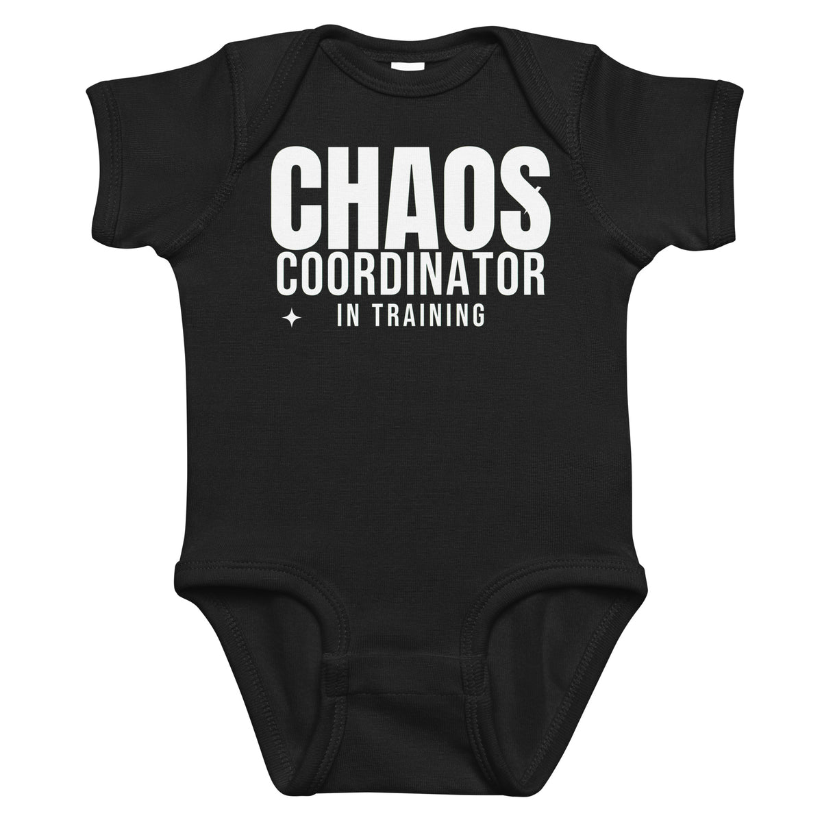 Black baby bodysuit with Chaos Coordinator In Training printed in white on the front