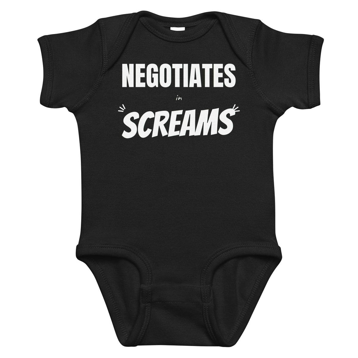 Black baby bodysuit with Negotiates In Screams printed in white on the front