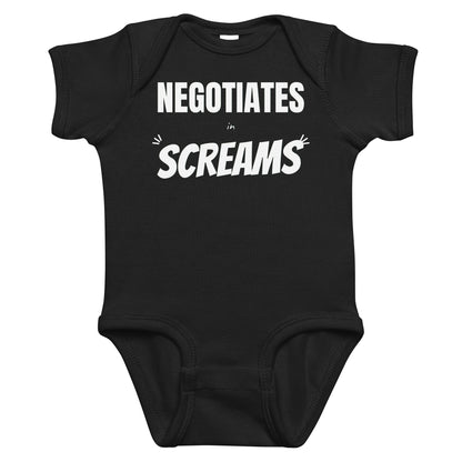 Black baby bodysuit with Negotiates In Screams printed in white on the front