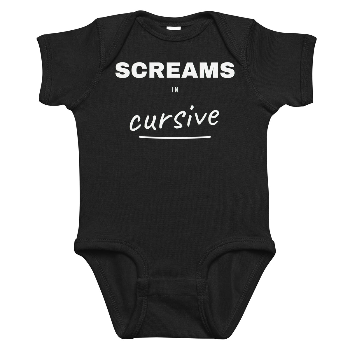Black baby bodysuit with Screams In Cursive printed in white on the front