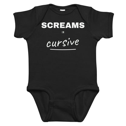 Black baby bodysuit with Screams In Cursive printed in white on the front