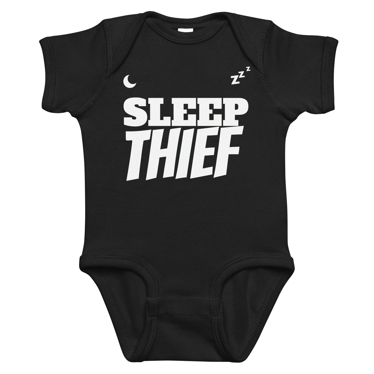 Black baby bodysuit with Sleep Thief printed in white on the front